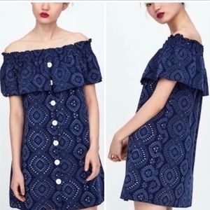 Zara Mini Blue Off Shoulder Embroidered Eyelet Dress - Small
